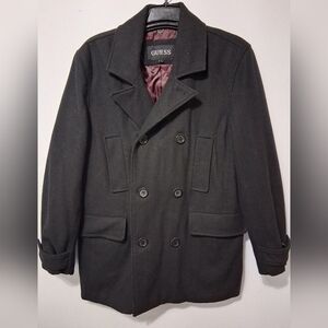 GUESS Men's L Black Double-Breasted Wool Coat